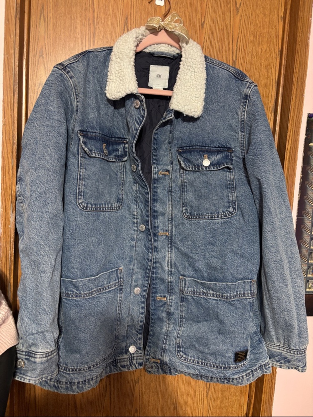 H&M Blue Denim Jacket with Cream Sherpa Collar